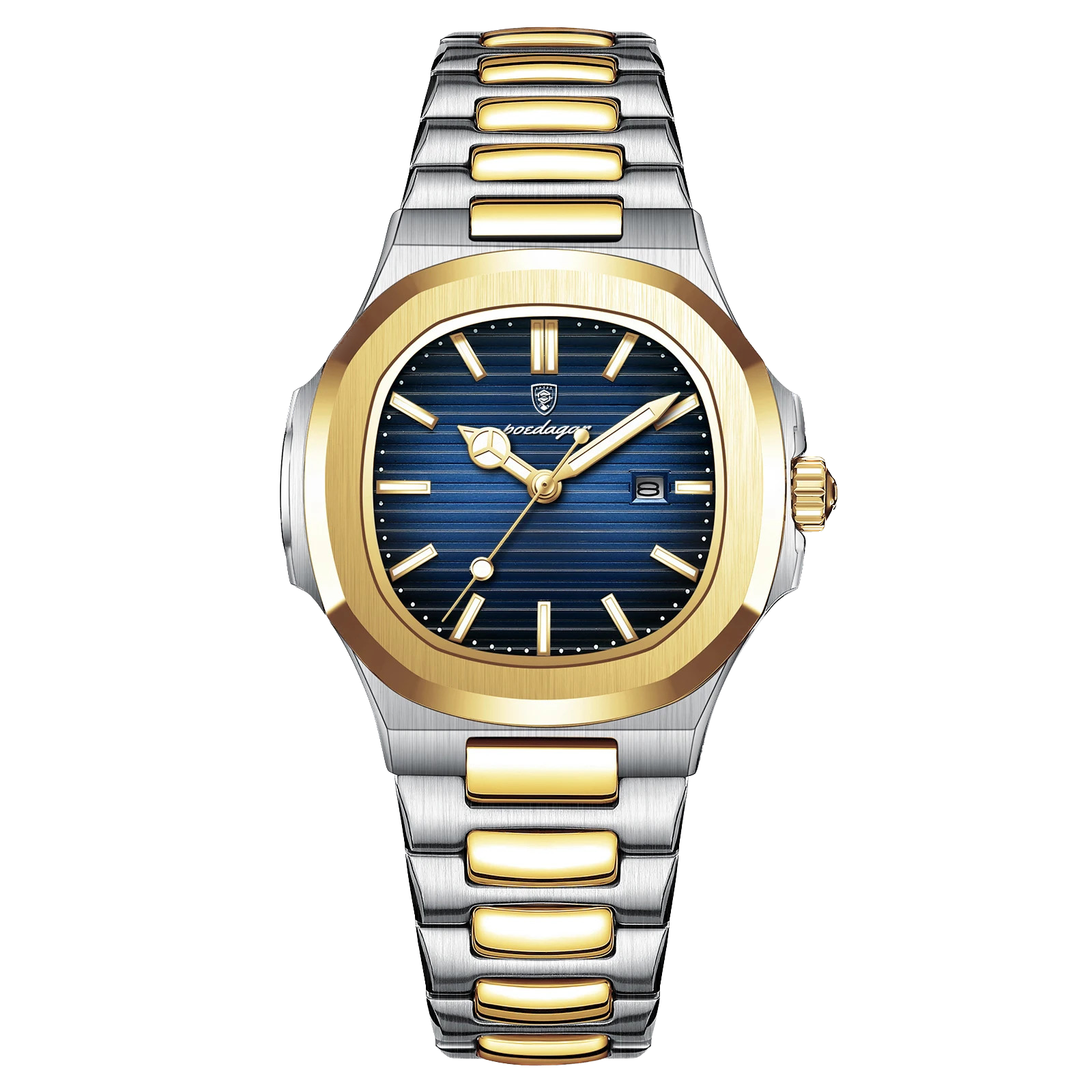 POEDAGAR women's quartz watch with blue dial and two-tone gold silver steel bracelet, front view