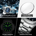 POEDAGAR quartz watch features graphic with waterproof, hardlex window, luminous and steel strap details