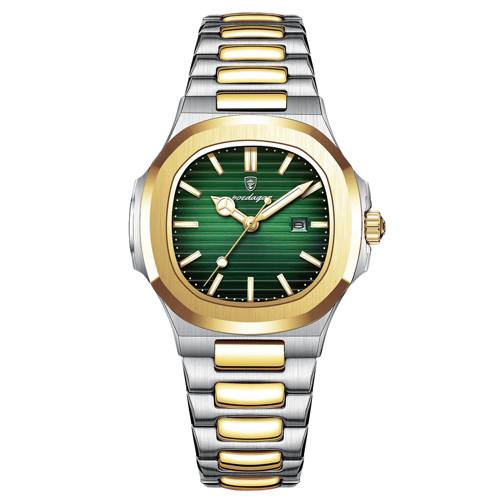 POEDAGAR women's quartz watch with green dial and two-tone gold silver bracelet, front view