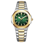POEDAGAR women's quartz watch with green dial and two-tone gold silver bracelet, front view