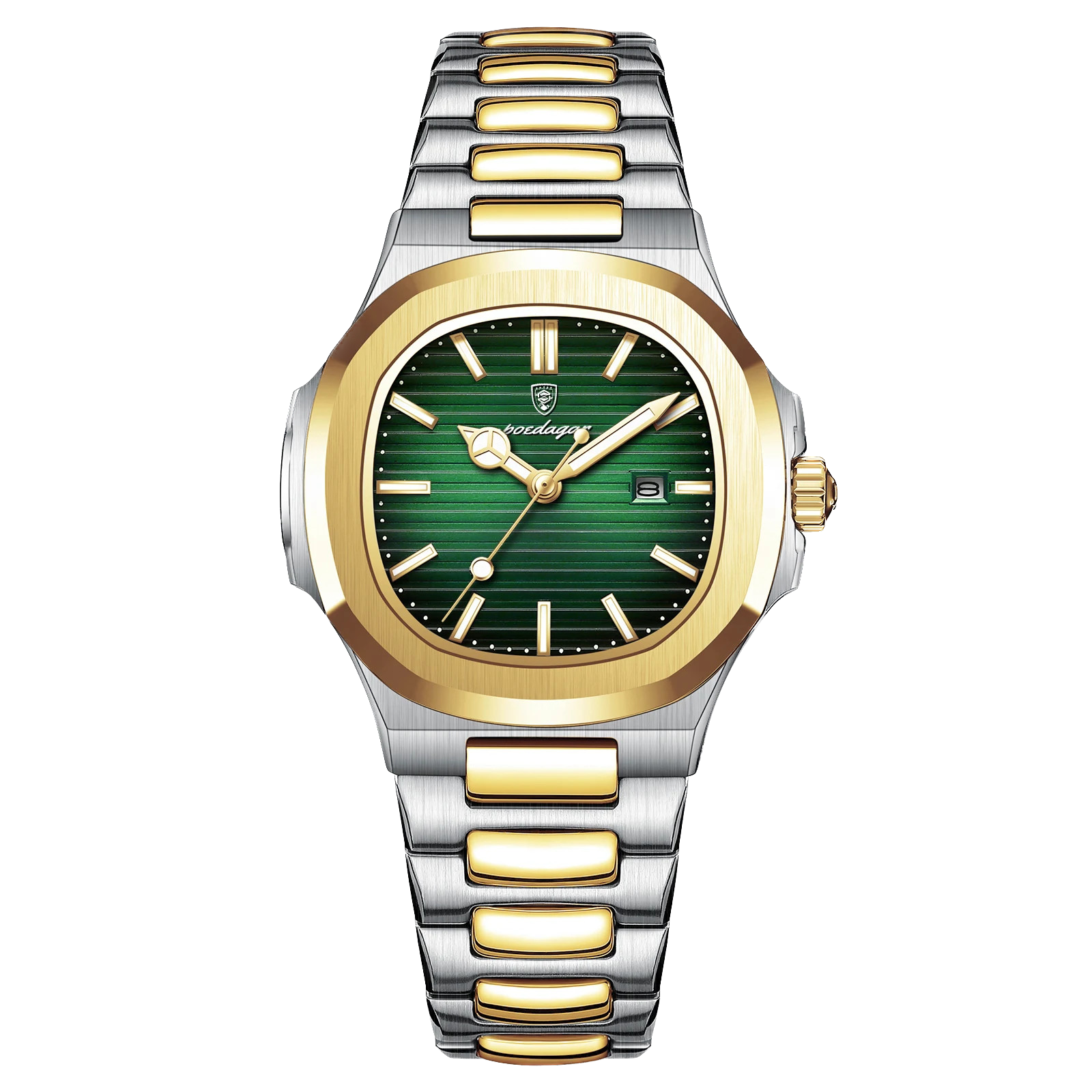 POEDAGAR women's quartz watch with green dial and two-tone gold silver bracelet, front view