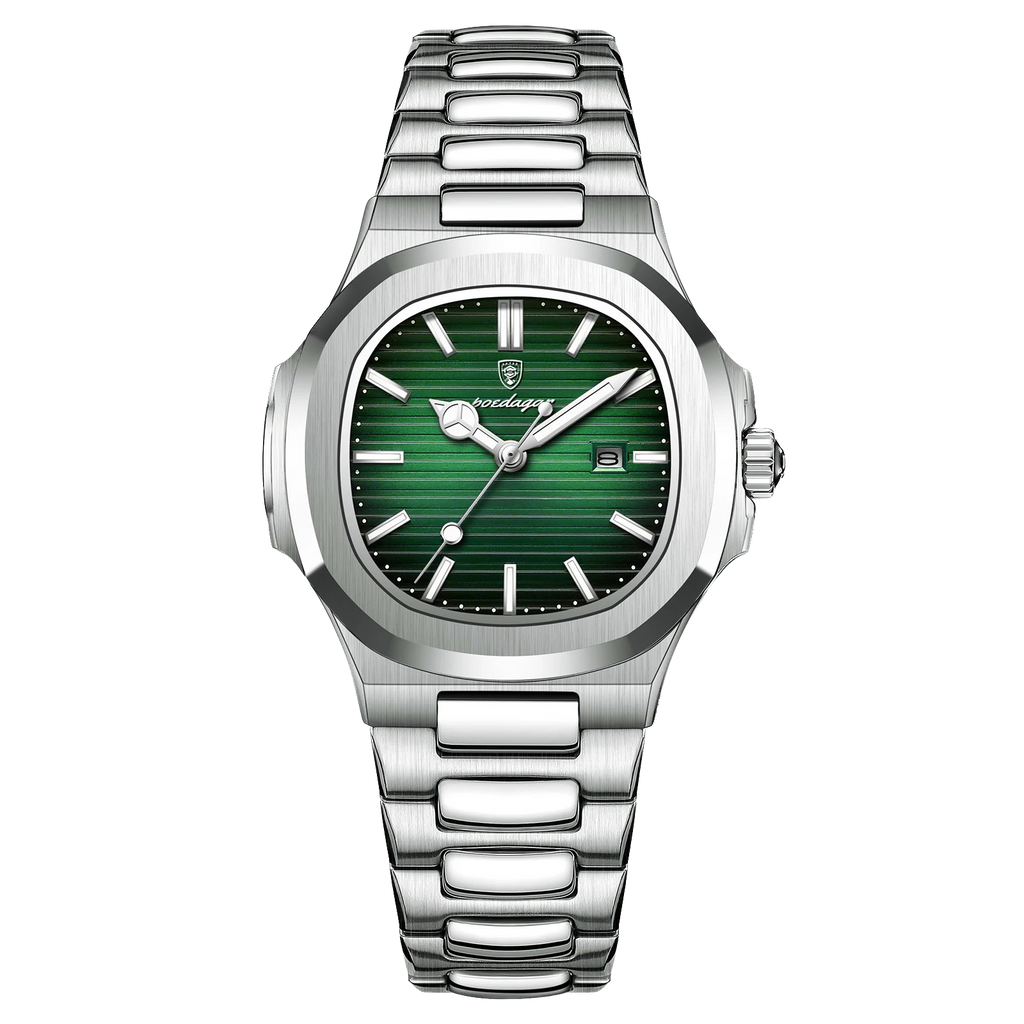 POEDAGAR women's quartz watch with green dial and silver stainless steel bracelet, front view