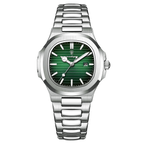 POEDAGAR women's quartz watch with green dial and silver stainless steel bracelet, front view