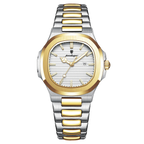 POEDAGAR women's quartz watch with white dial and two-tone gold silver bracelet, front view