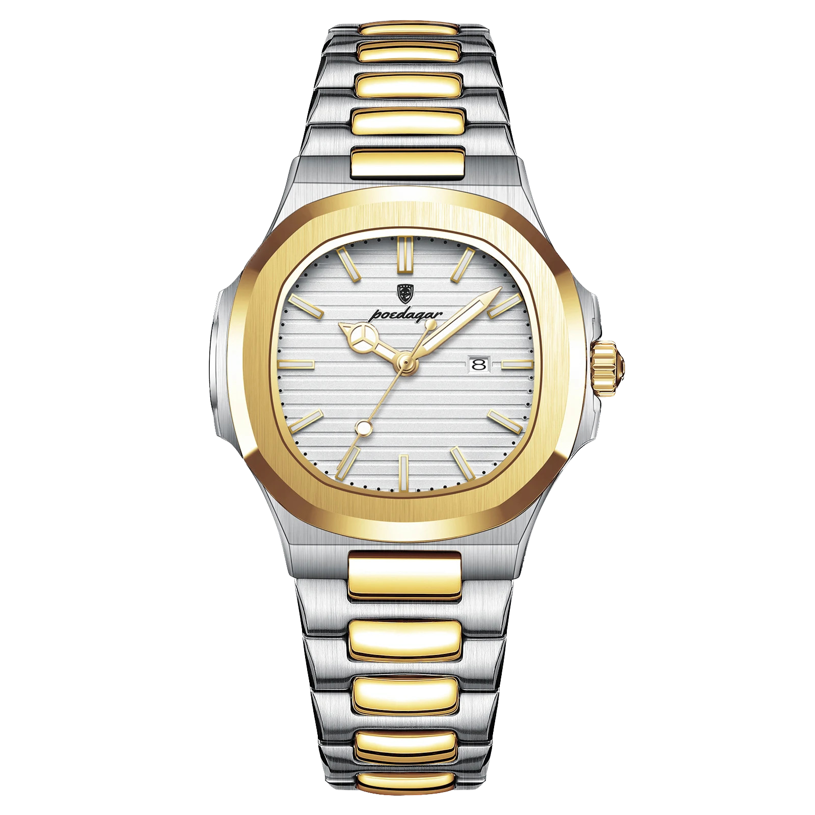 POEDAGAR women's quartz watch with white dial and two-tone gold silver bracelet, front view