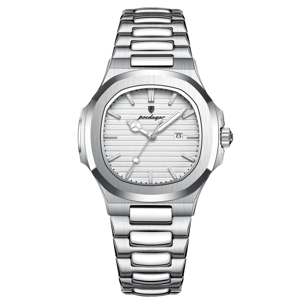 POEDAGAR women's quartz watch with white dial and silver stainless steel bracelet, front view