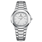 POEDAGAR women's quartz watch with white dial and silver stainless steel bracelet, front view
