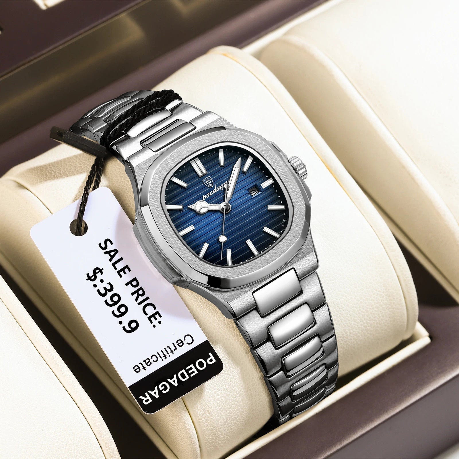 POEDAGAR women's quartz watch closeup with blue striped dial and steel bracelet in display box
