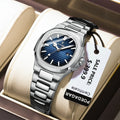POEDAGAR women's quartz watch with blue dial and steel bracelet displayed in cushioned box