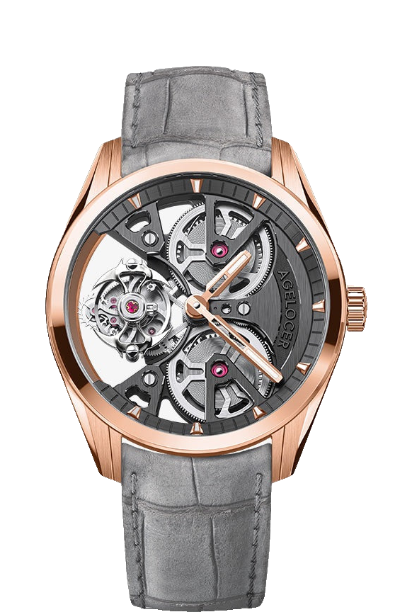 Agelocer 3D-Manta free-sprung tourbillon watch in rose gold with skeleton dial