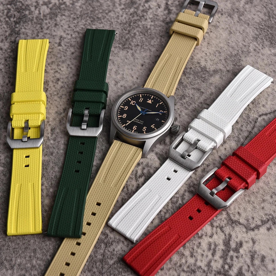 Fluororubber diving watch band 20mm 22mm rubber strap variants in yellow green beige white and red