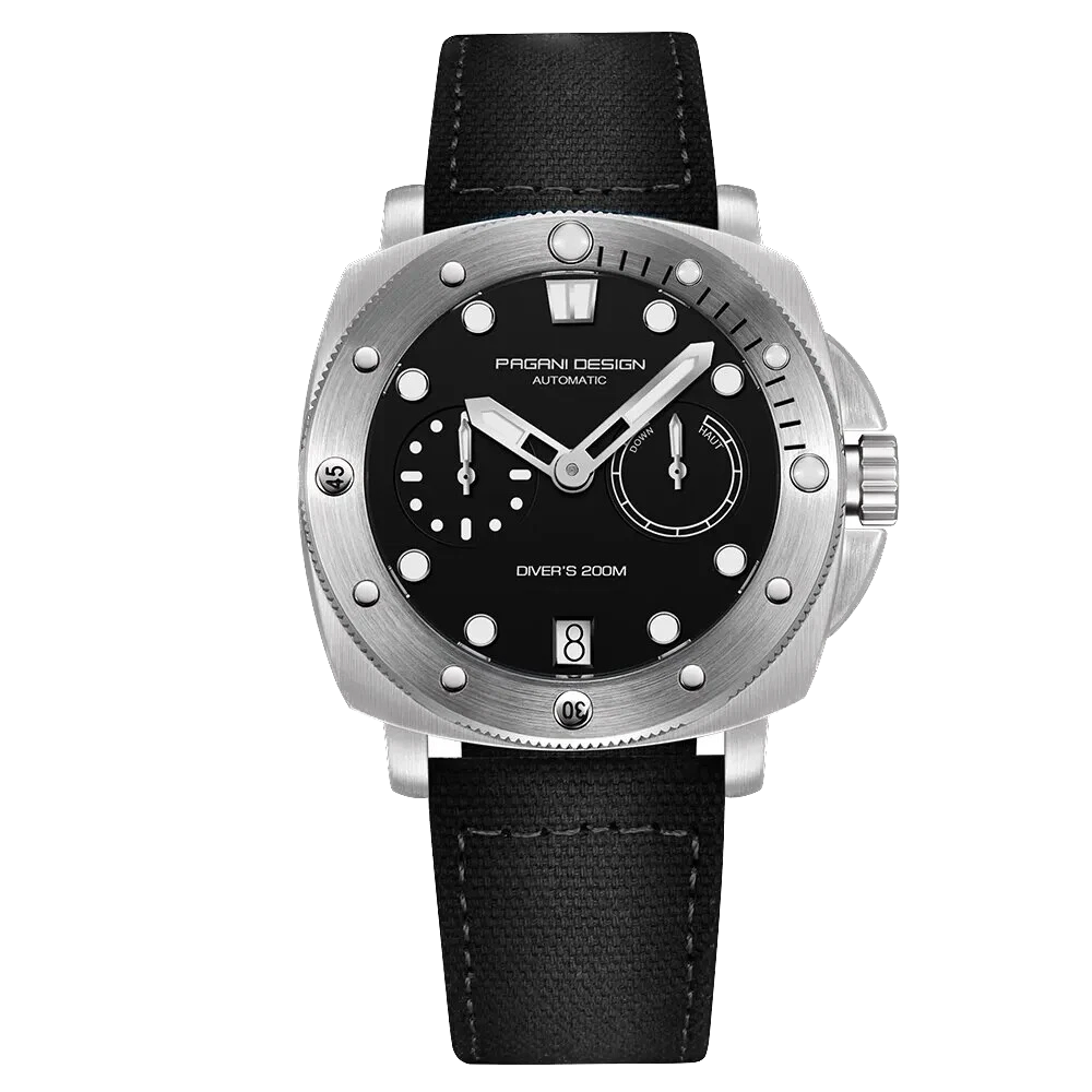Watch with black dial and black leather strap on a white background