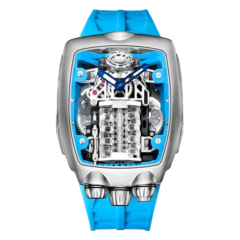Watch with blue strap and transparent case on a white background