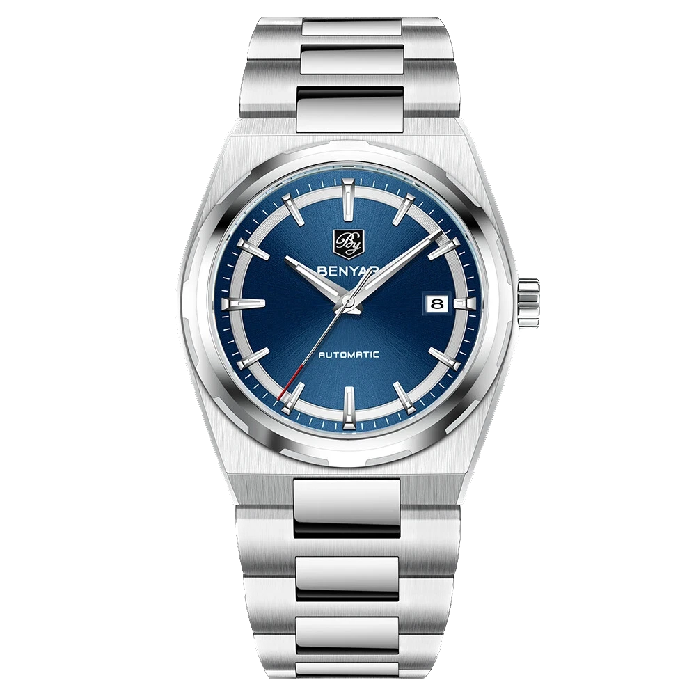 Silver watch with blue dial on a white background