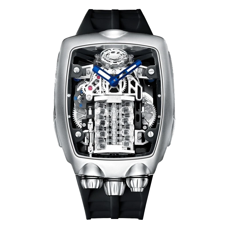 Luxury watch with transparent case and blue hands on a white background