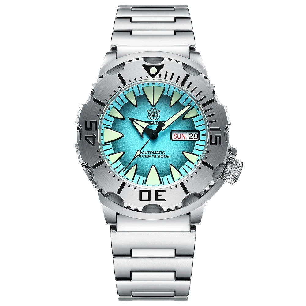 Silver watch with a blue face on a white background