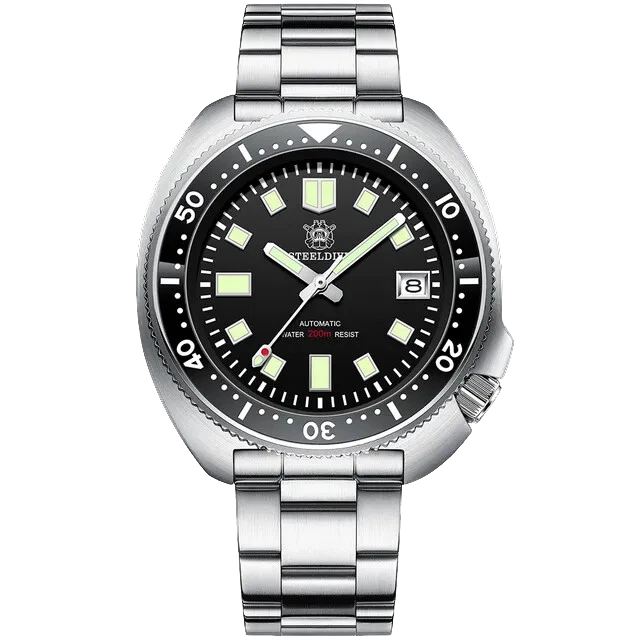 Steeldive watch with silver bracelet and black dial on a white background