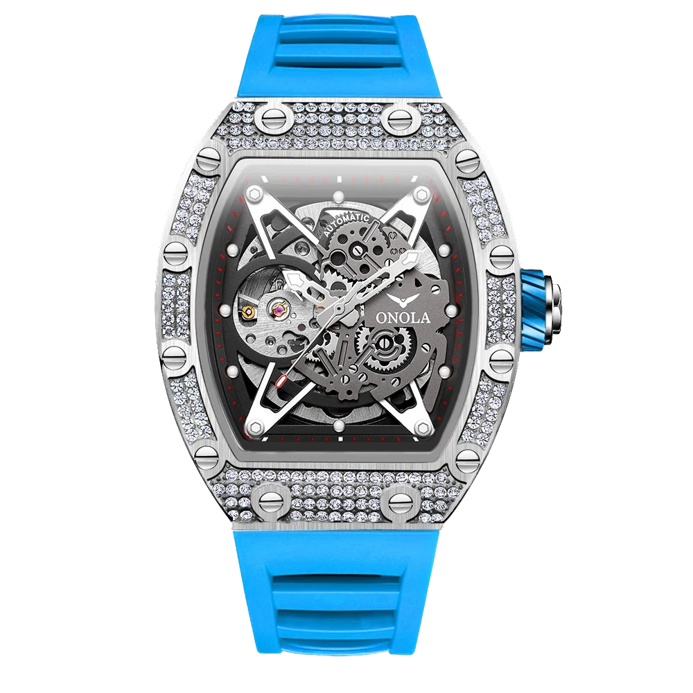 Watch with blue strap and visible mechanical components on a white background