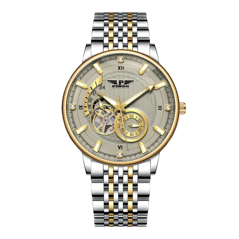 Luxury watch with silver and gold band on a white background