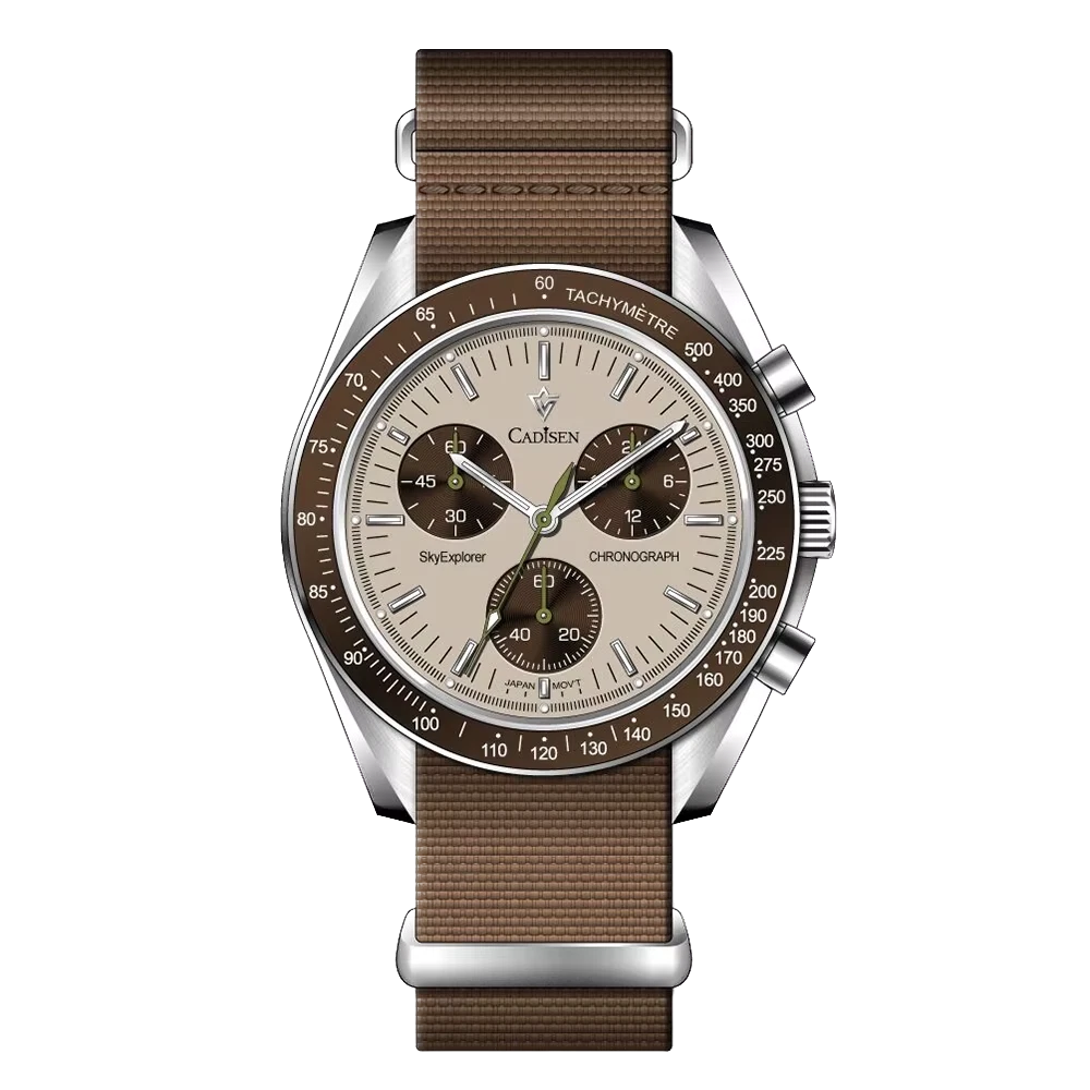 Watch with brown strap and silver case on a white background
