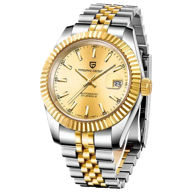 Gold and silver watch with detailed face on a white background