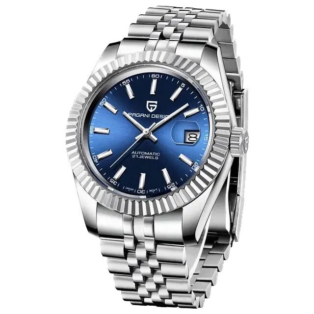 Silver watch with blue dial on a white background