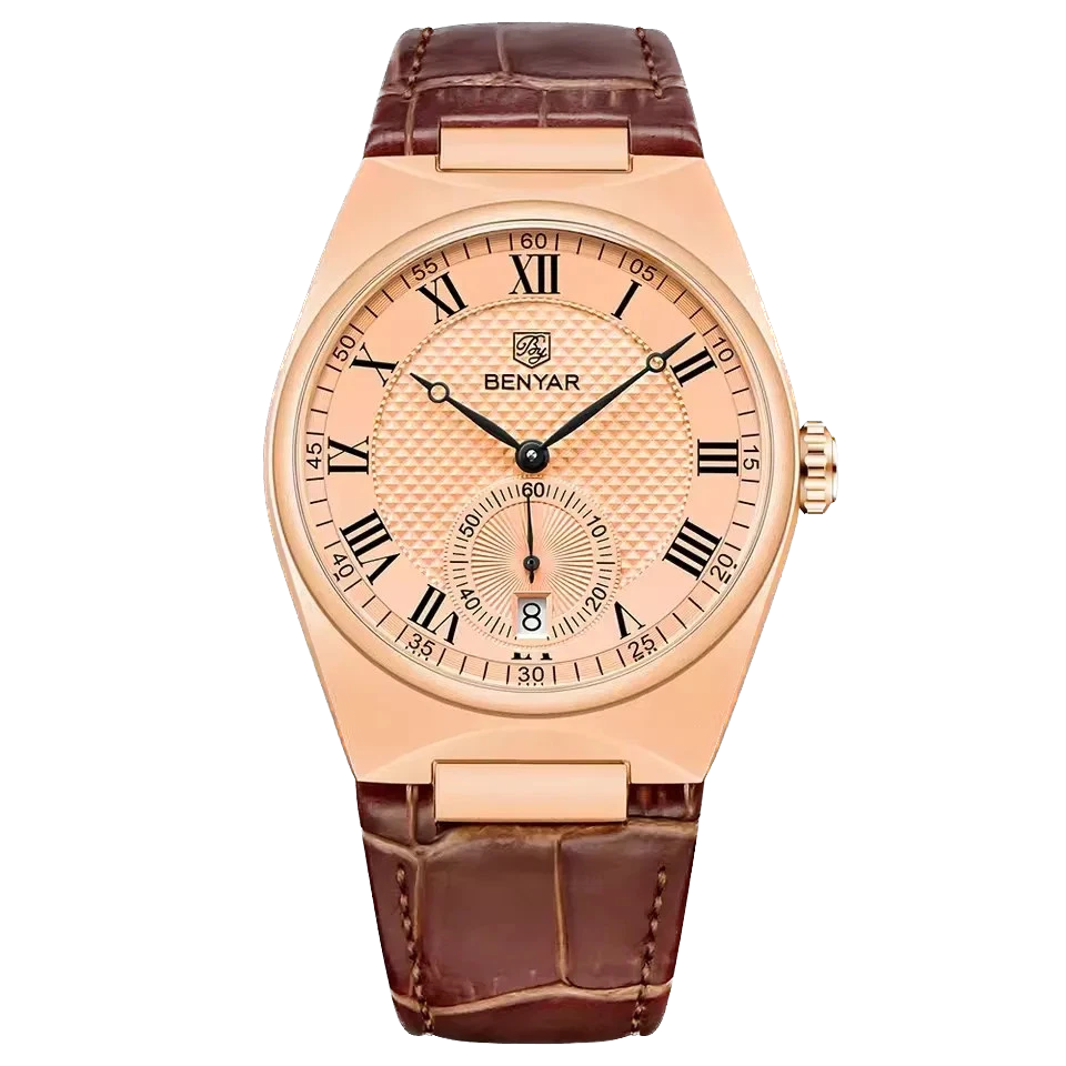 Rose gold watch with brown leather strap on a white background