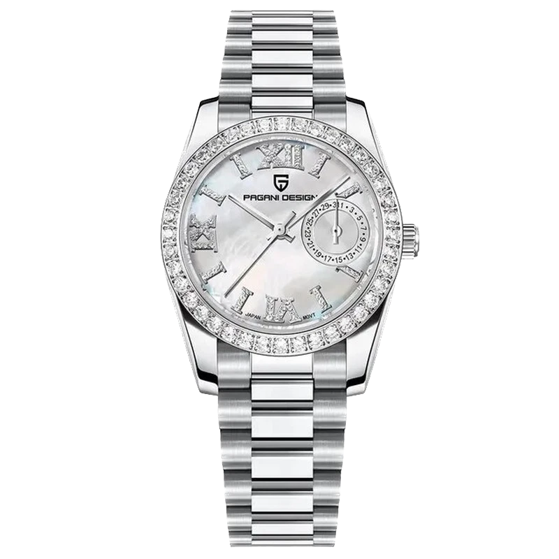 Silver watch with a detailed face on a white background