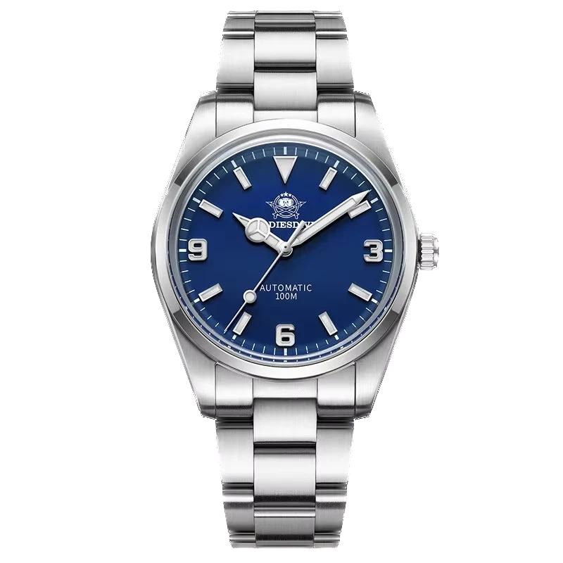 Silver watch with blue dial on a white background