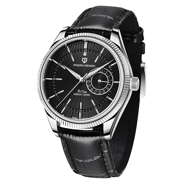 Black wristwatch with silver bezel and detailed face on a white background