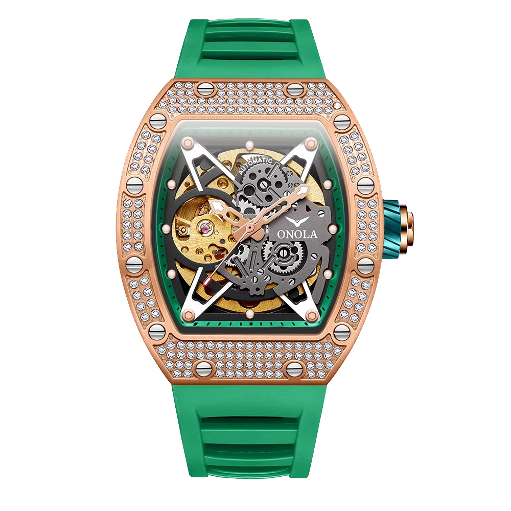 Luxury watch with green strap and rose gold case on white background
