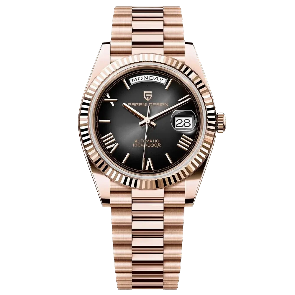 Luxury watch with rose gold strap and black dial on a white background
