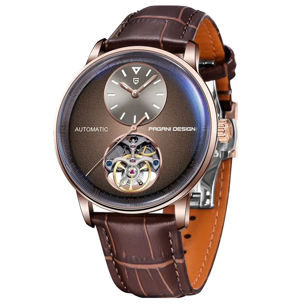 Luxury watch with brown leather strap and detailed face on a white background