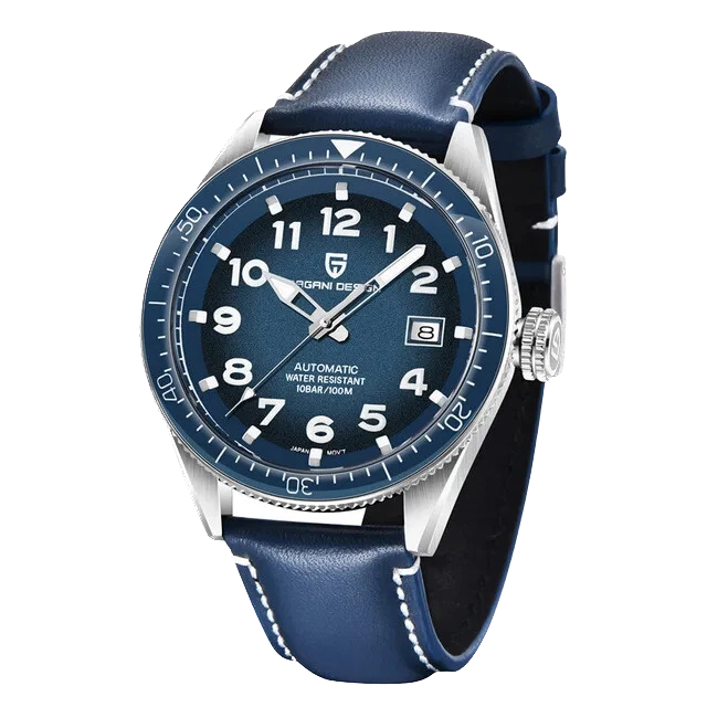 Blue watch with a dark blue face and leather strap on a white background