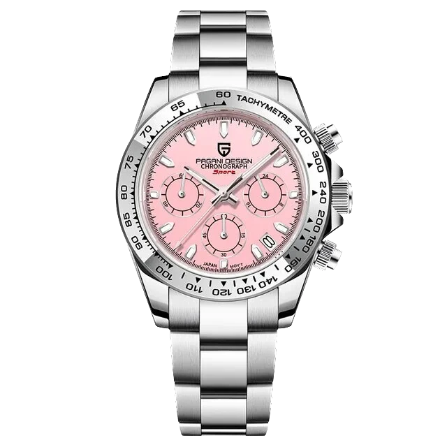 Silver watch with a pink face on a white background