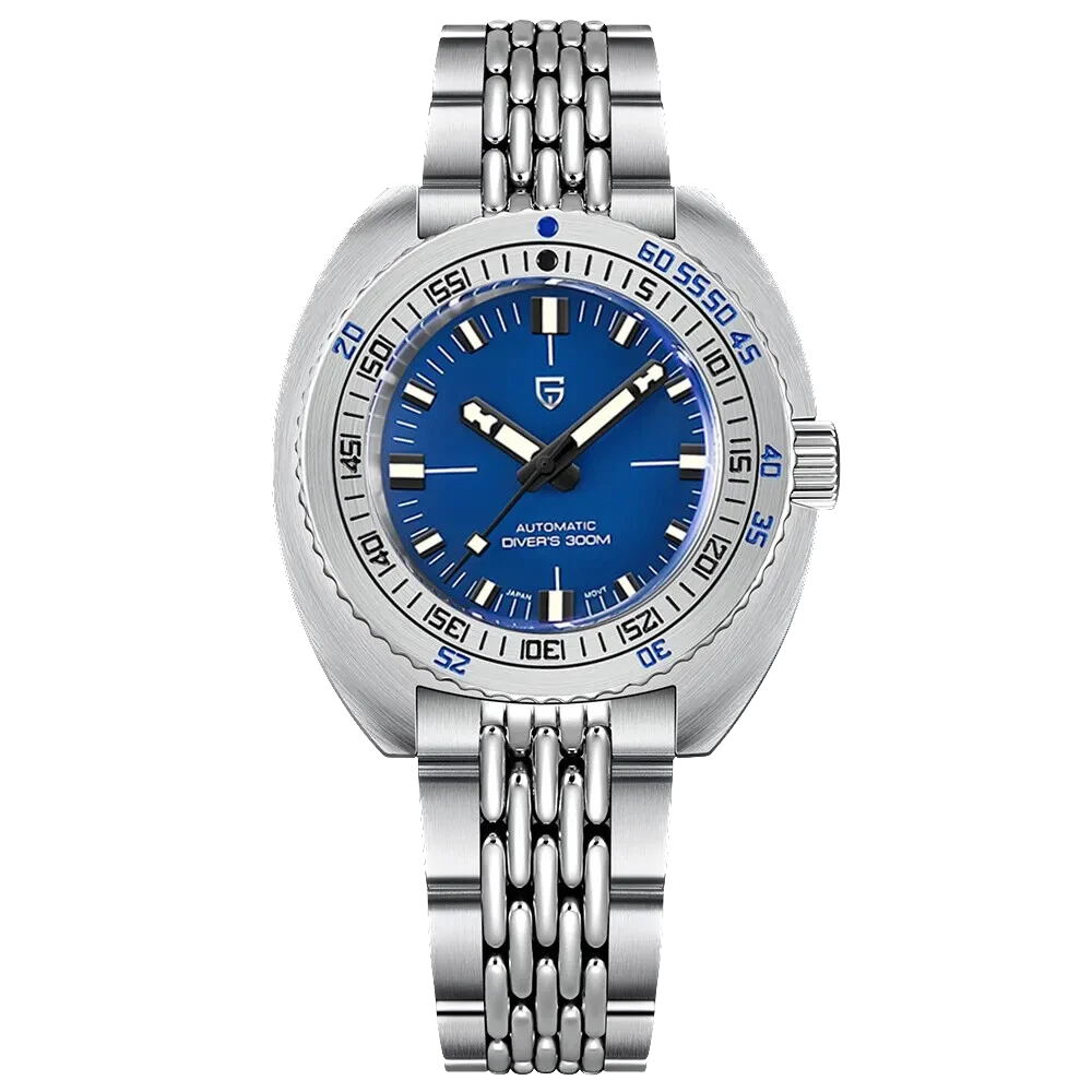 Silver watch with blue face on a white background