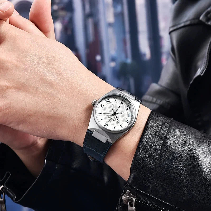 Wrist wearing a black wristwatch with a blurred cityscape background
