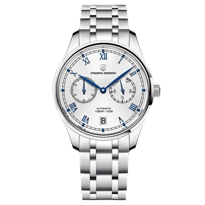 Silver wristwatch with a white face on a white background