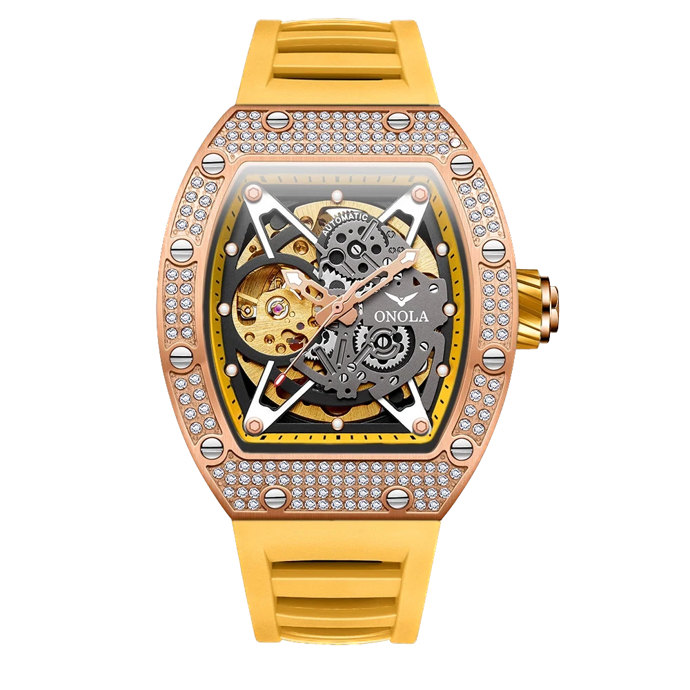 Luxury watch with gold strap and transparent case on a white background