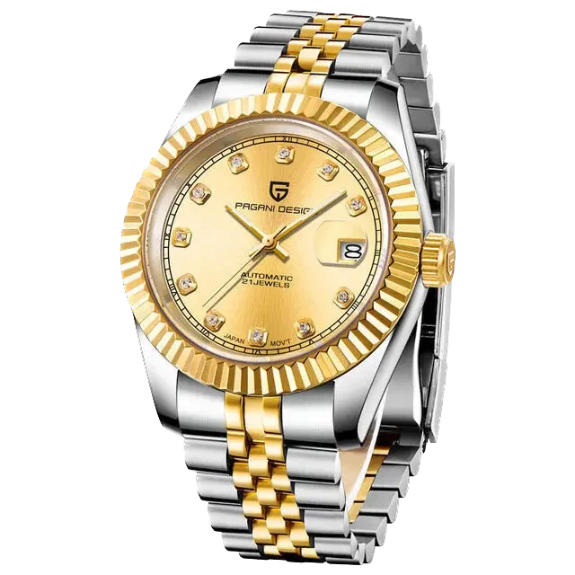 Gold and silver watch with diamond-studded face on a white background