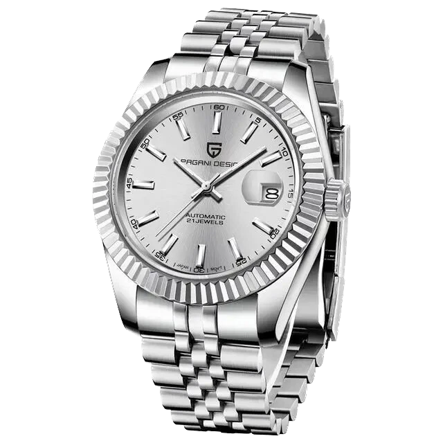 Silver wristwatch with detailed face on a white background