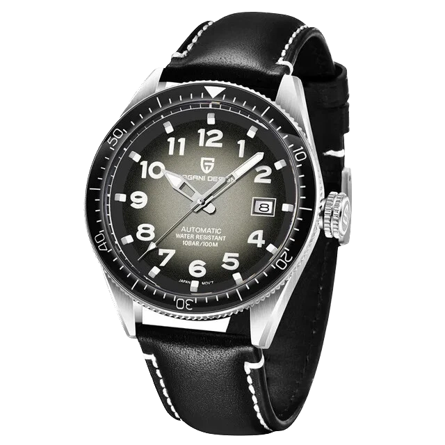 Black wristwatch with leather strap on a white background
