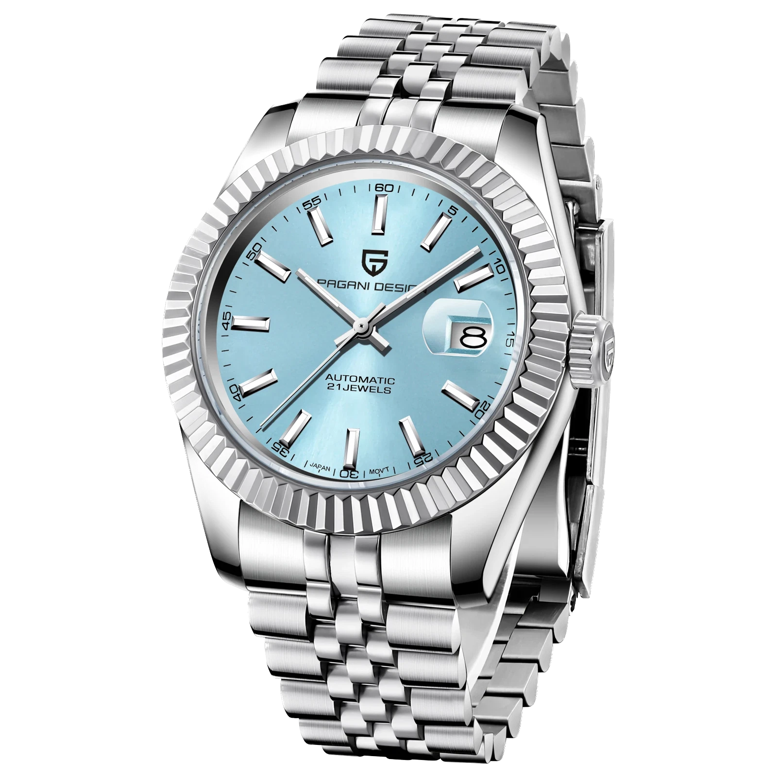 Silver watch with a blue face on a white background