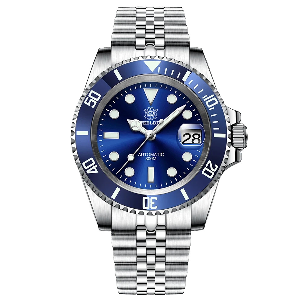 Silver watch with blue dial on a white background