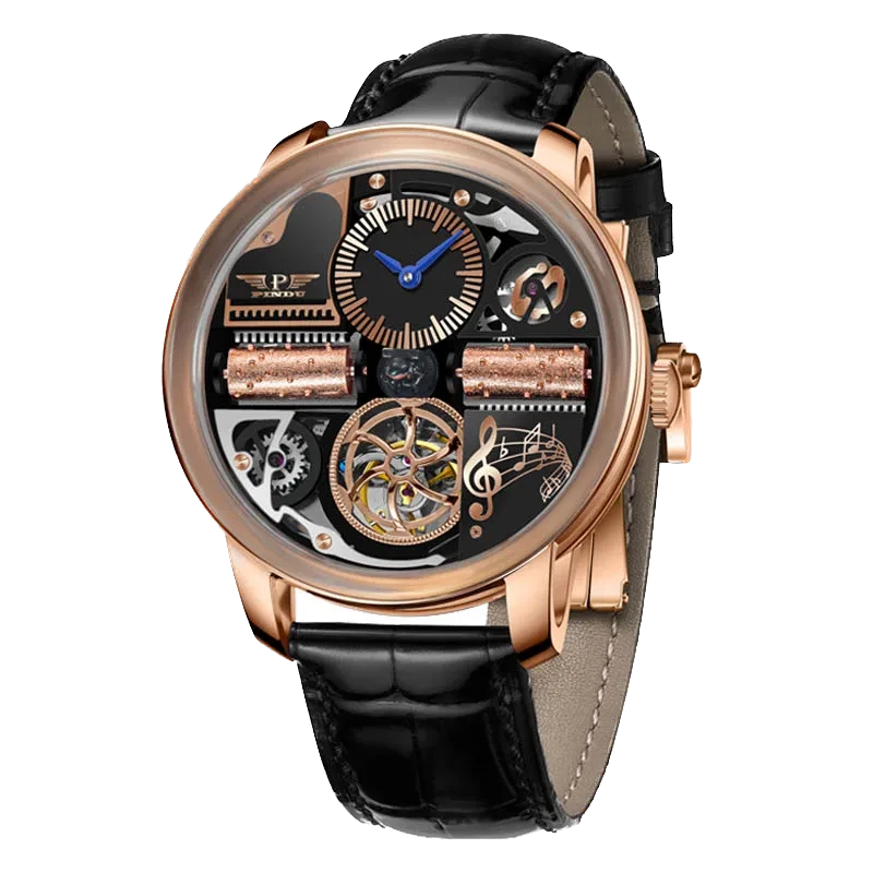 Luxury watch with black strap and rose gold case on white background