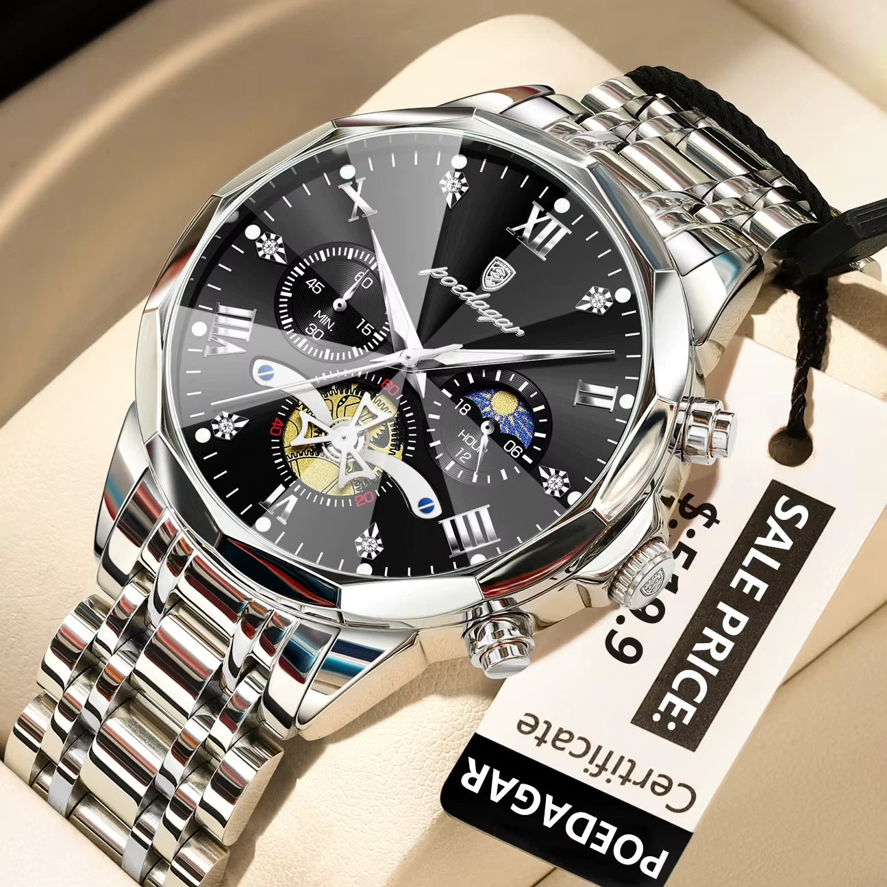 Luxury watch with a black face and silver metal strap on a beige surface, with a POEGAR certificate and price tag.