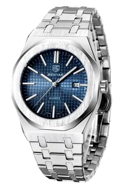 Silver watch with blue face on a white background
