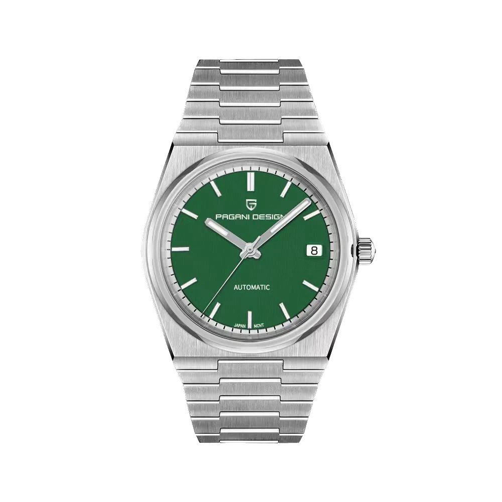 Watch with green dial and silver metal strap on a white background