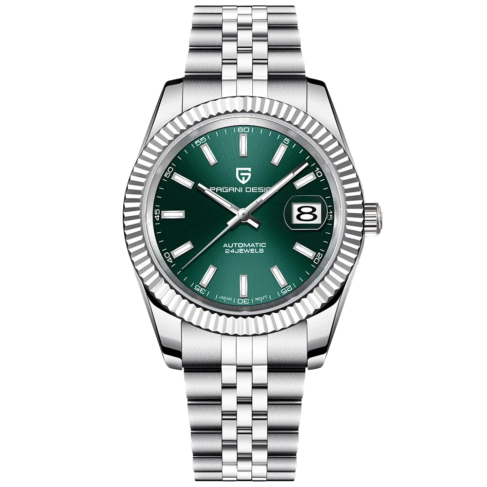 Watch with green dial and silver bracelet on a white background