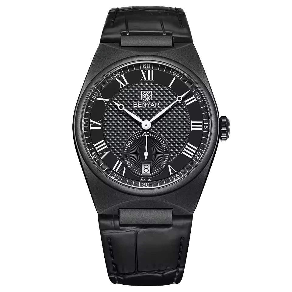 Black wristwatch with detailed face on a white background